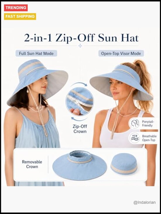 2-in-1 Convertible Sun Hat with Wide Brim UV Protection Detachable Crown main image 6